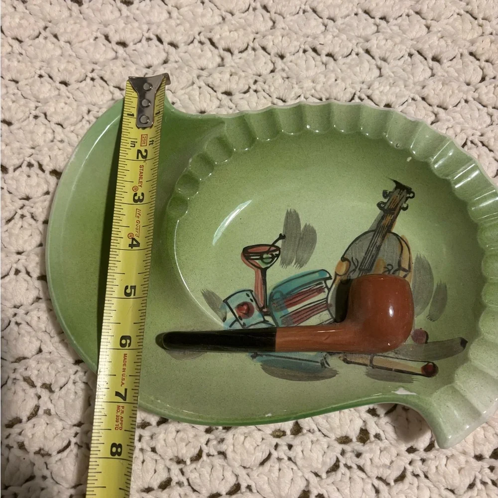 Vintage 1950’s CERAMIC PIPE Hand Painted Martini Glass Violin Tobacco ASHTRAY